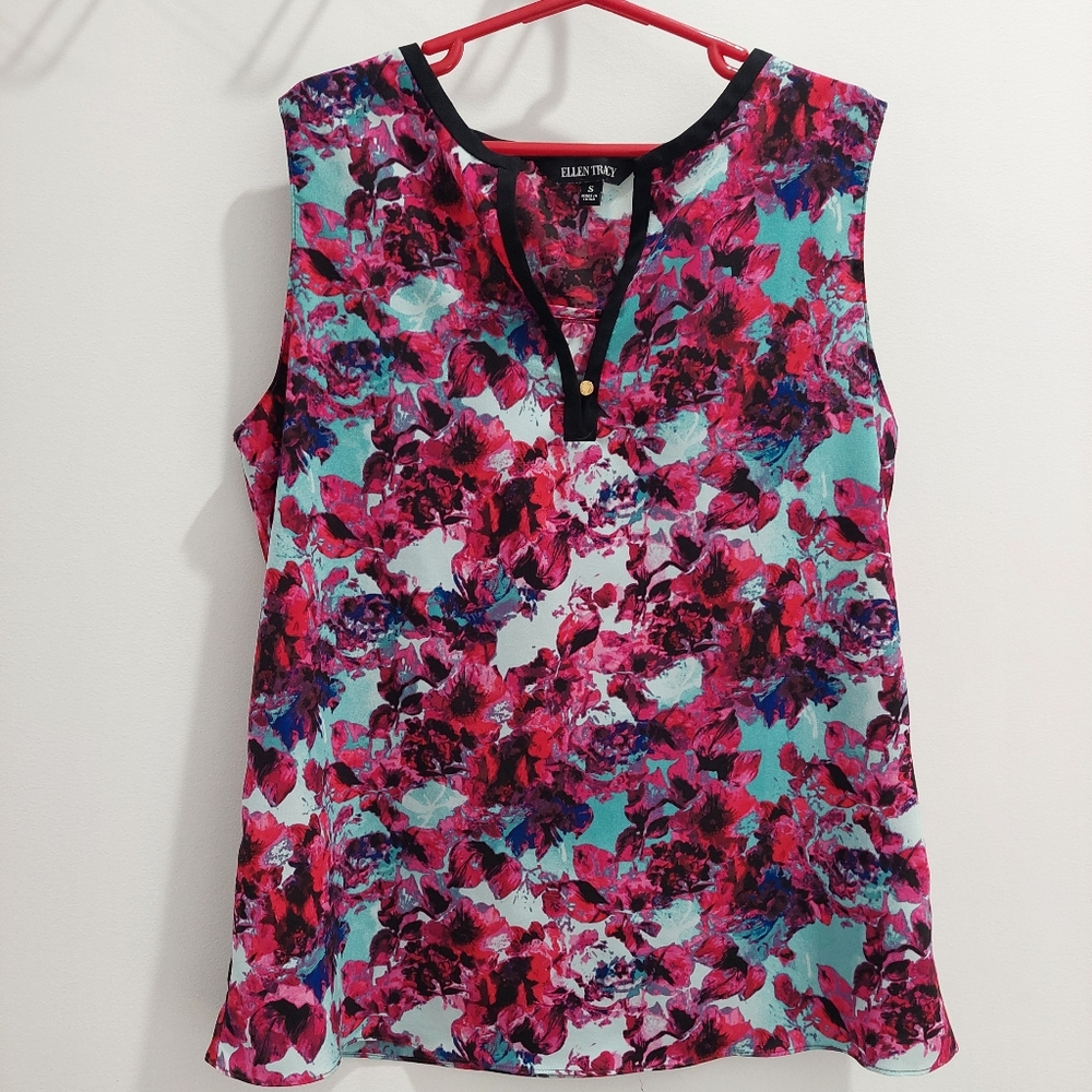 Ellen Tracy Small Women's Floral Chianti Sleeveless Blouse With V-neck